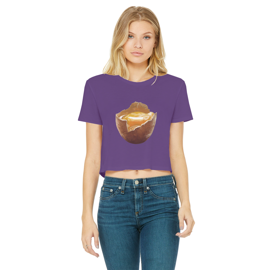 Egg Classic Women's Cropped Raw Edge T-Shirt featuring a round neck, short sleeves, and a stylish raw edge cut hem in various colors.