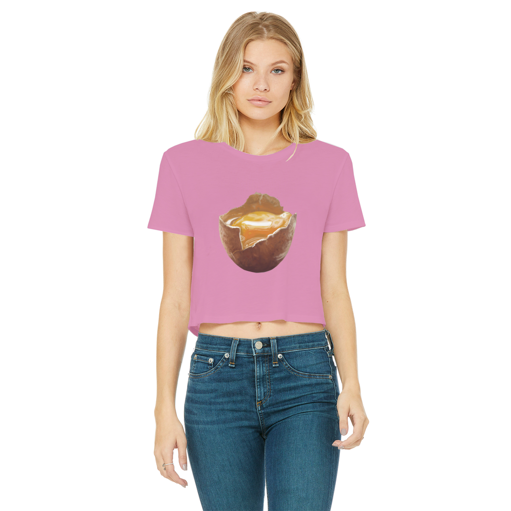 Egg Classic Women's Cropped Raw Edge T-Shirt featuring a round neck, short sleeves, and a stylish raw edge cut hem in various colors.