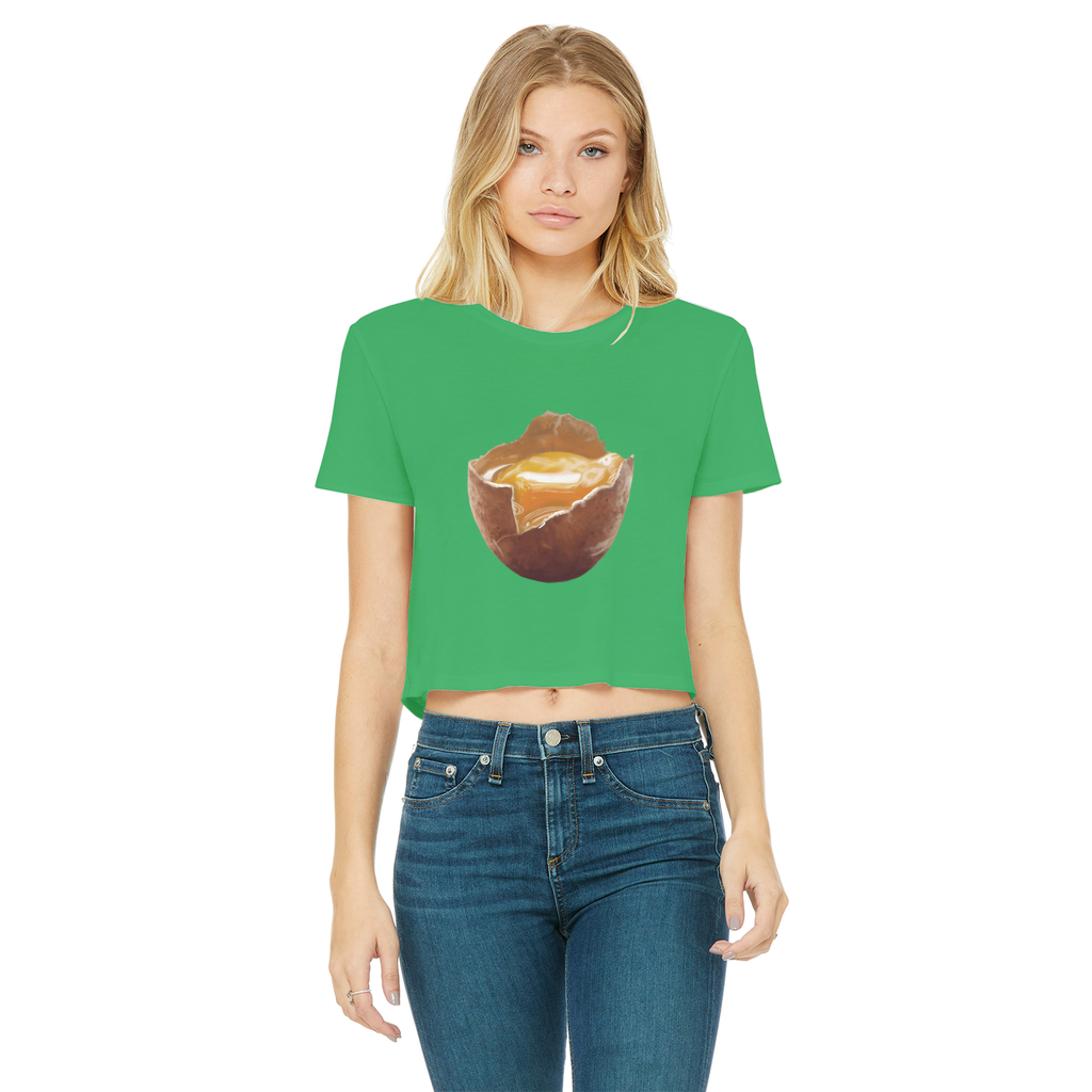 Egg Classic Women's Cropped Raw Edge T-Shirt featuring a round neck, short sleeves, and a stylish raw edge cut hem in various colors.