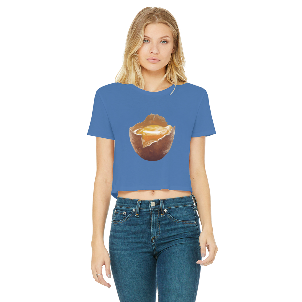 Egg Classic Women's Cropped Raw Edge T-Shirt featuring a round neck, short sleeves, and a stylish raw edge cut hem in various colors.