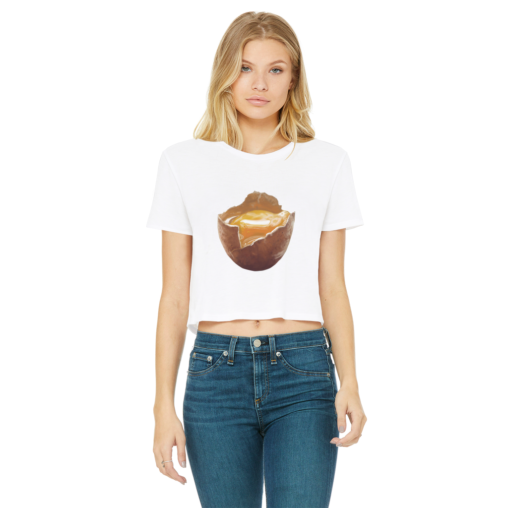 Egg Classic Women's Cropped Raw Edge T-Shirt featuring a round neck, short sleeves, and a stylish raw edge cut hem in various colors.