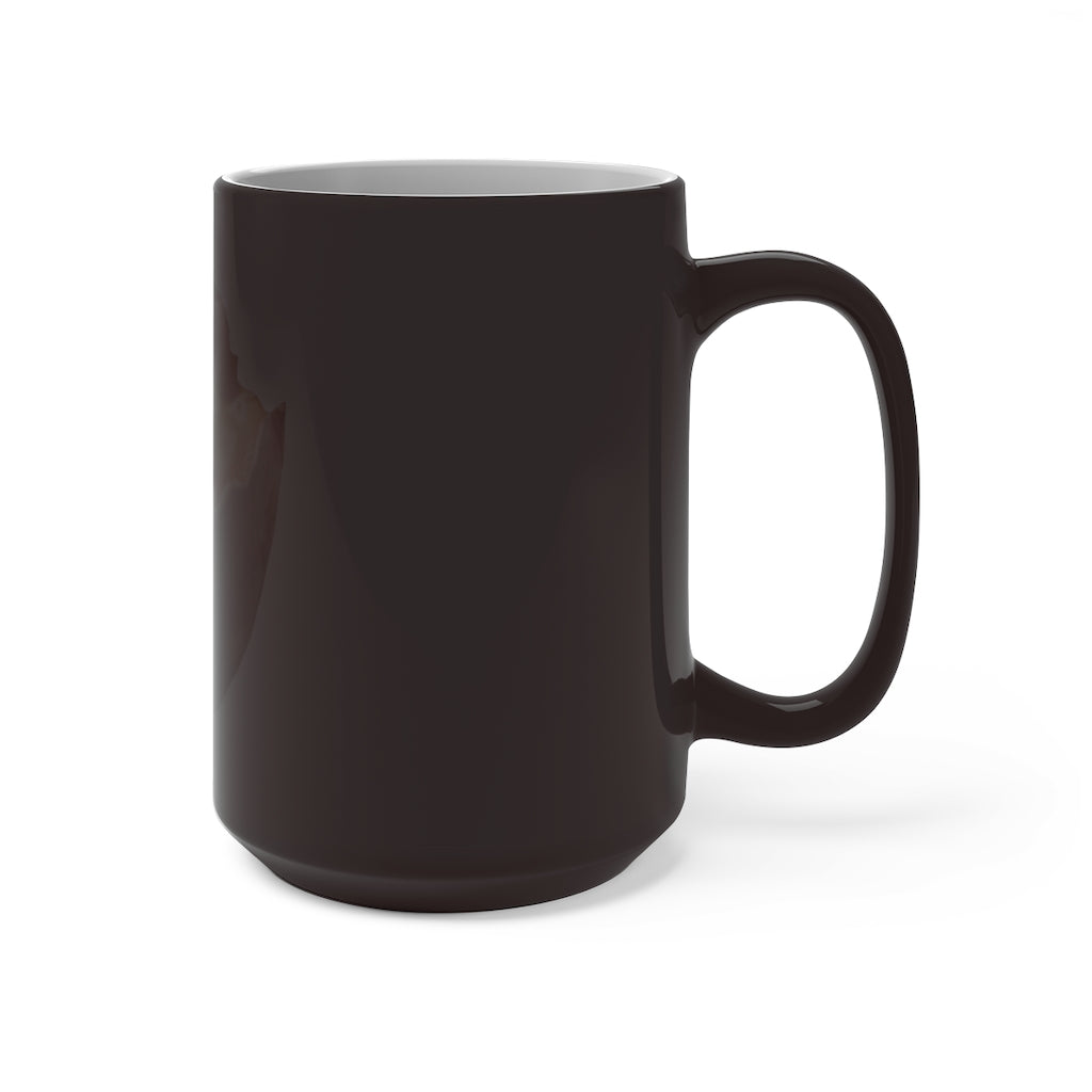 A white ceramic mug that changes color when filled with hot liquid, featuring a rounded design and C-handle.