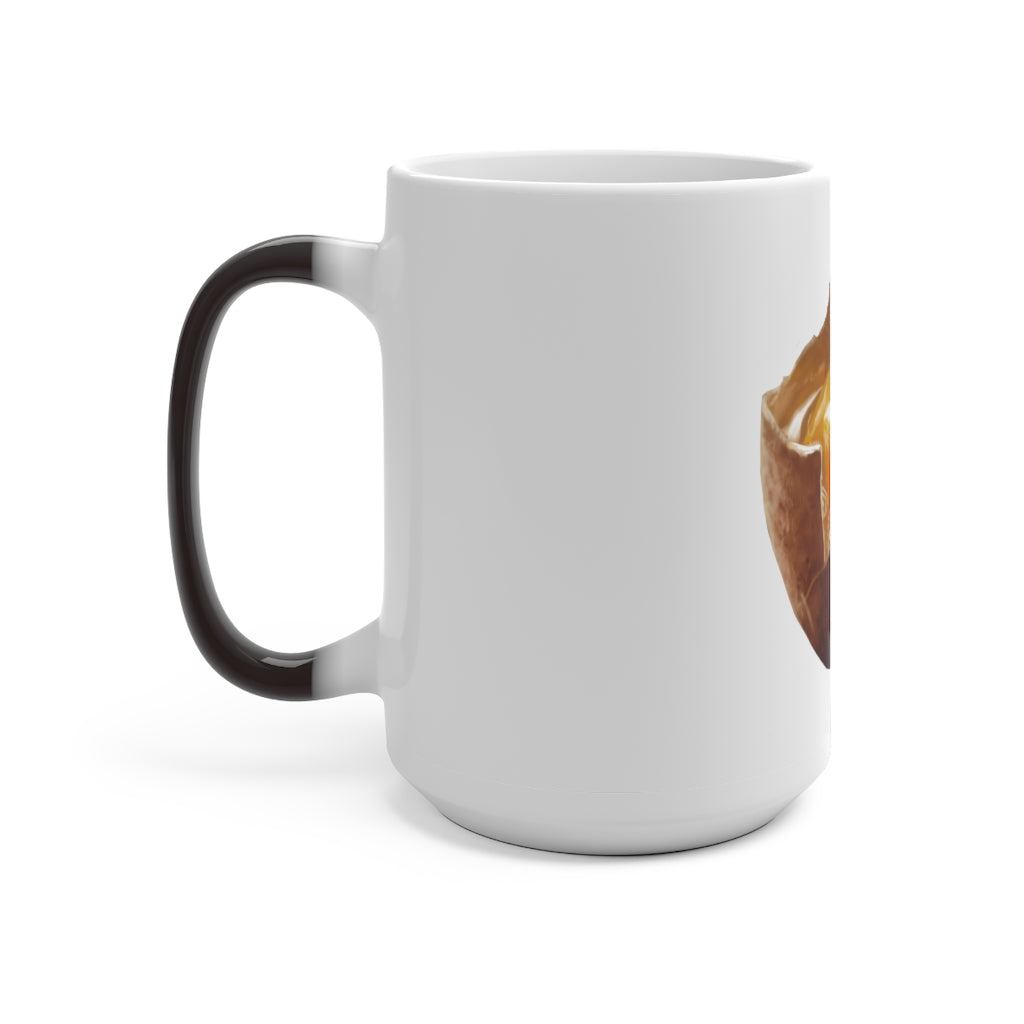 A white ceramic mug that changes color when filled with hot liquid, featuring a rounded design and C-handle.