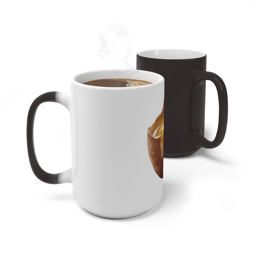 A white ceramic mug that changes color when filled with hot liquid, featuring a rounded design and C-handle.