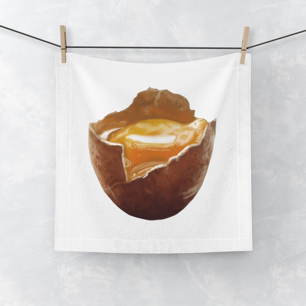 Customizable Egg Face Towel featuring a polyester front and soft cotton back, perfect for personal designs.