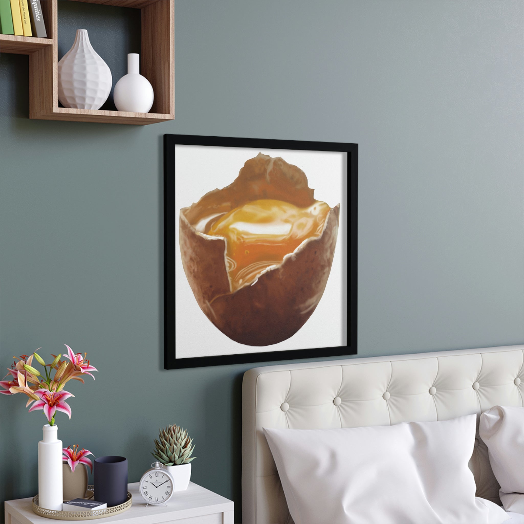 Egg Framed Poster featuring a hand-crafted wooden frame and vibrant custom design, perfect for home decor.