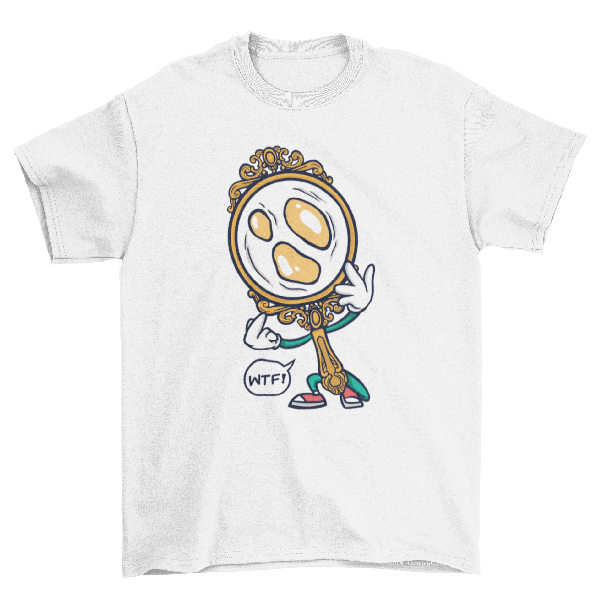 A T-shirt design featuring a hand mirror with three egg yolks instead of a reflection, showcasing a playful and creative concept.