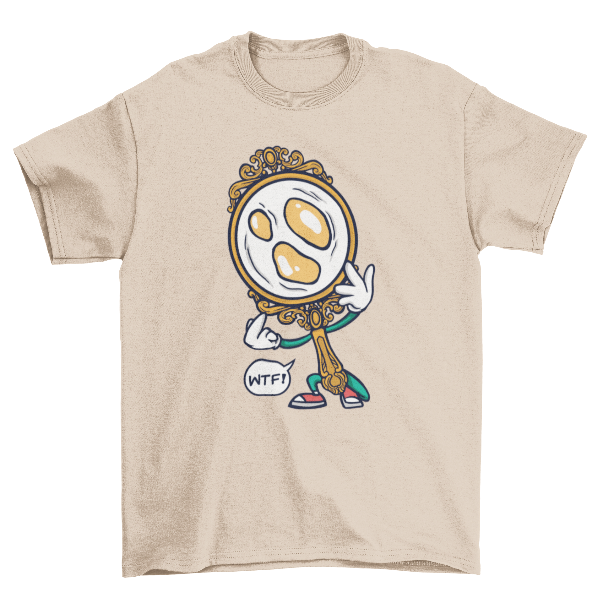 A T-shirt design featuring a hand mirror with three egg yolks instead of a reflection, showcasing a playful and creative concept.