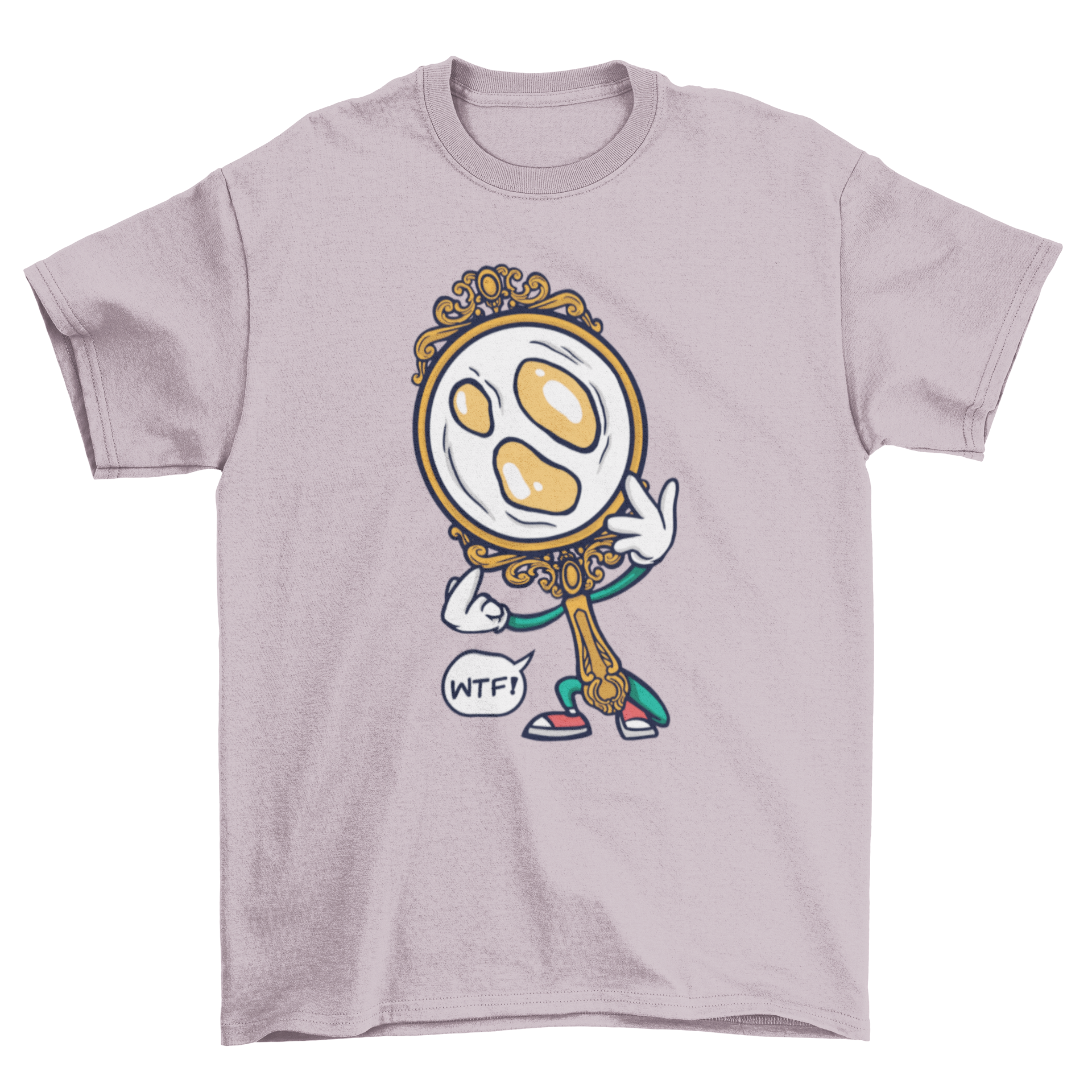 A T-shirt design featuring a hand mirror with three egg yolks instead of a reflection, showcasing a playful and creative concept.