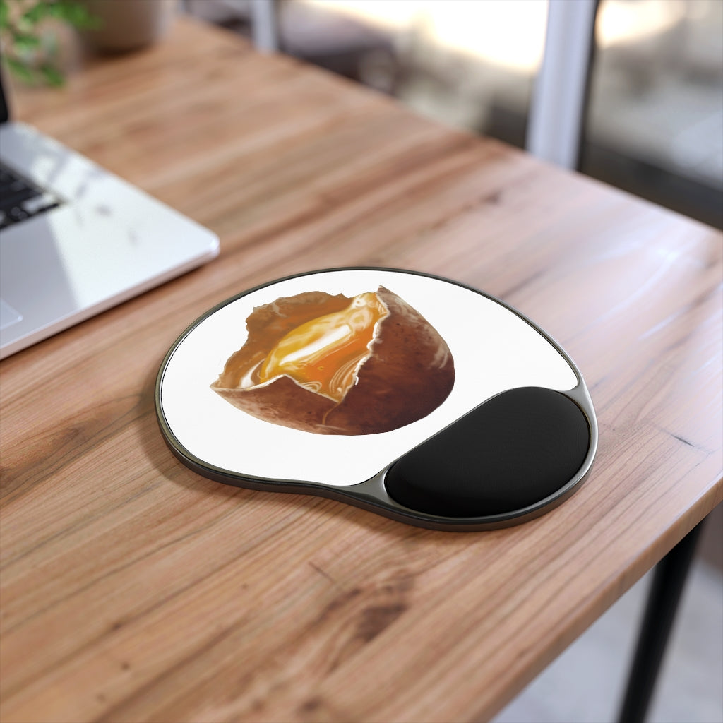 Egg-shaped mouse pad with ergonomic Memory Foam wrist rest and customizable neoprene insert, featuring a foot-shaped design.