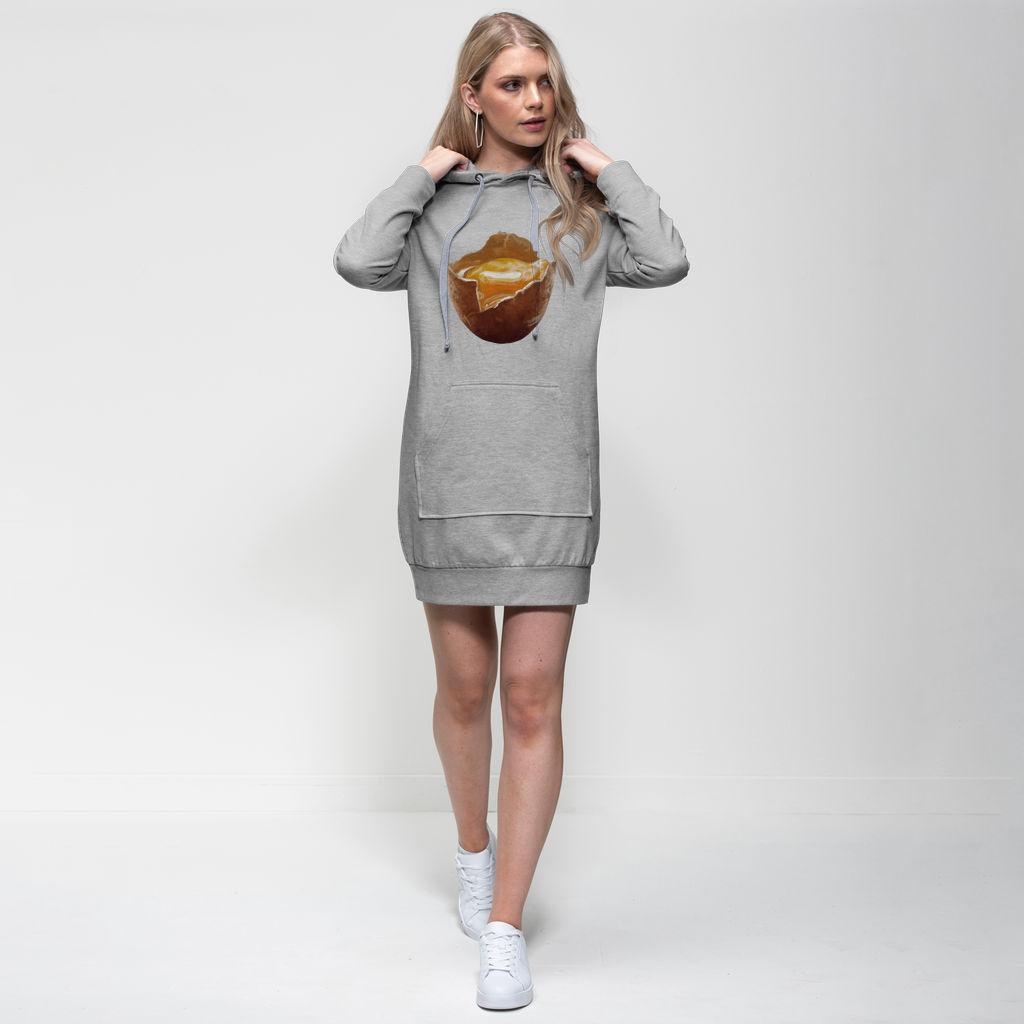 Egg Premium Adult Hoodie Dress featuring a relaxed fit, hood, and kangaroo pocket, made from soft cotton blend fabric.