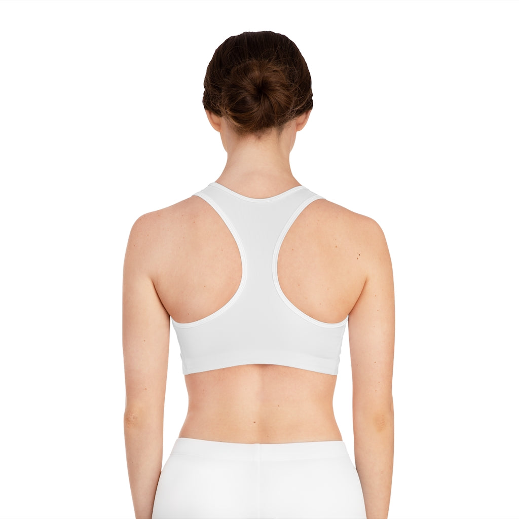 Egg Sports Bra featuring customizable all-over print design, compression fit, and double-layer front for support.