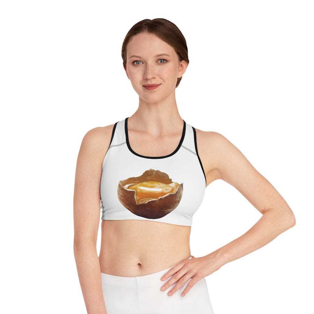 Egg Sports Bra featuring customizable all-over print design, compression fit, and double-layer front for support.