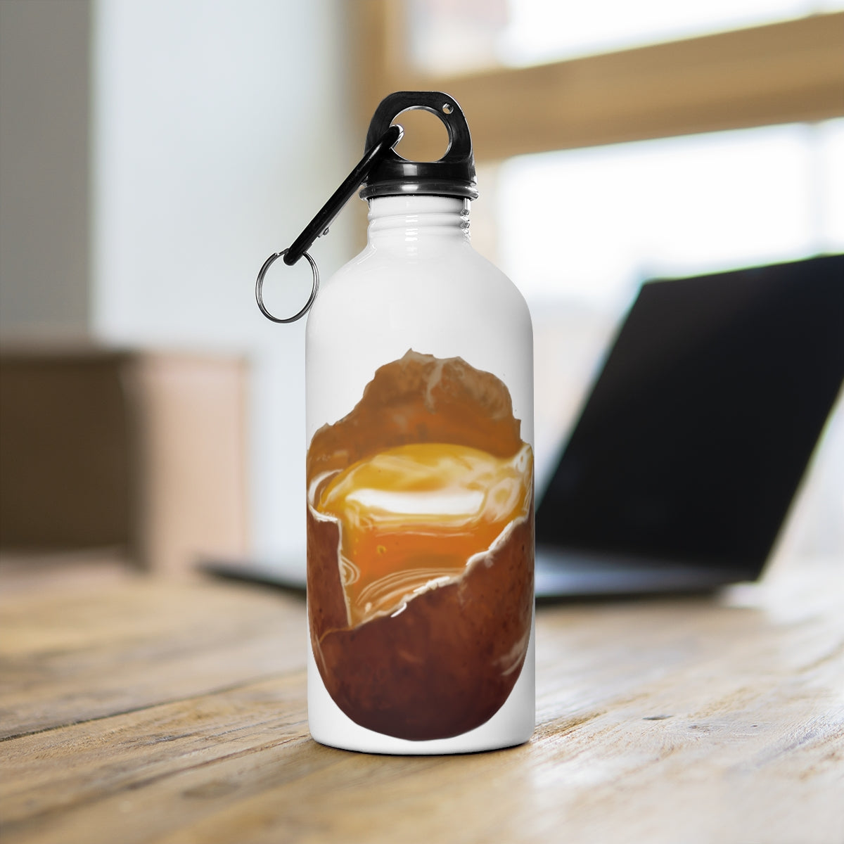 Egg Stainless Steel Water Bottle with a plastic screw top and carabiner, showcasing its stylish design and lightweight construction.