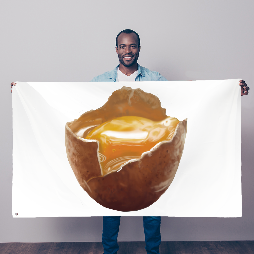 A vibrant Egg Sublimation Flag measuring 5FT x 3FT, made of 100% polyester fabric with double-stitched edges and two eyelets for hanging.