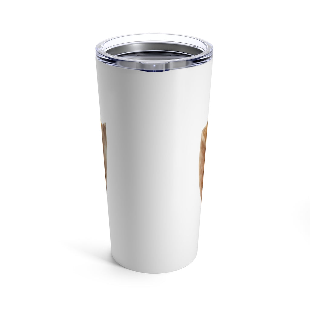 A stylish stainless steel Egg Tumbler 20oz with a see-thru plastic lid, perfect for travel and outdoor use.