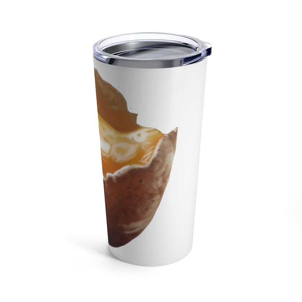 A stylish stainless steel Egg Tumbler 20oz with a see-thru plastic lid, perfect for travel and outdoor use.