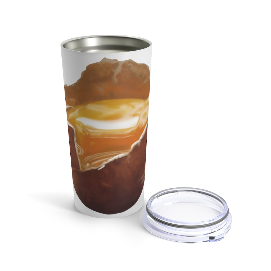 A stylish stainless steel Egg Tumbler 20oz with a see-thru plastic lid, perfect for travel and outdoor use.