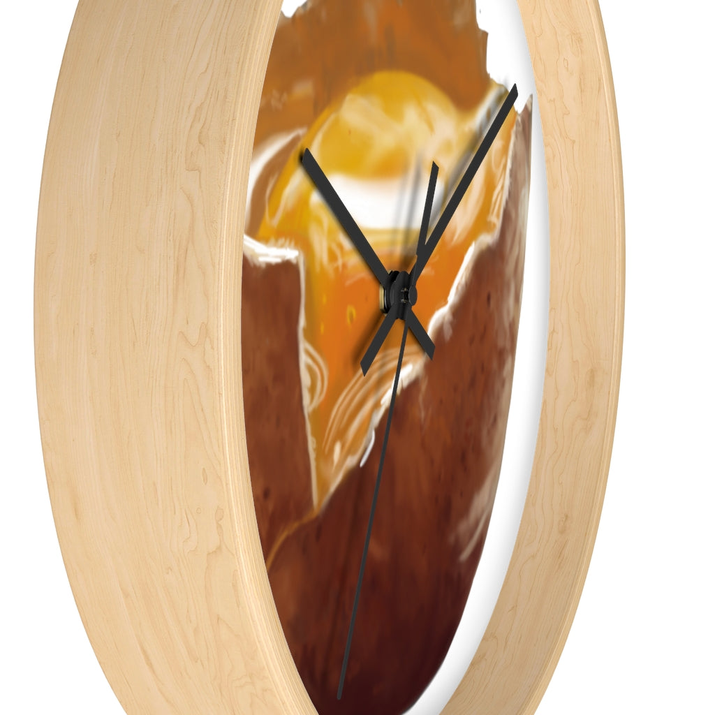 A stylish egg-shaped wall clock with a wooden frame and plexiglass face, perfect for indoor decor.