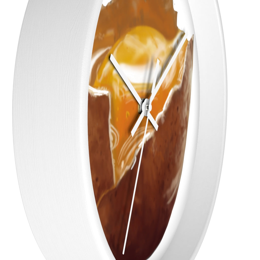 A stylish egg-shaped wall clock with a wooden frame and plexiglass face, perfect for indoor decor.