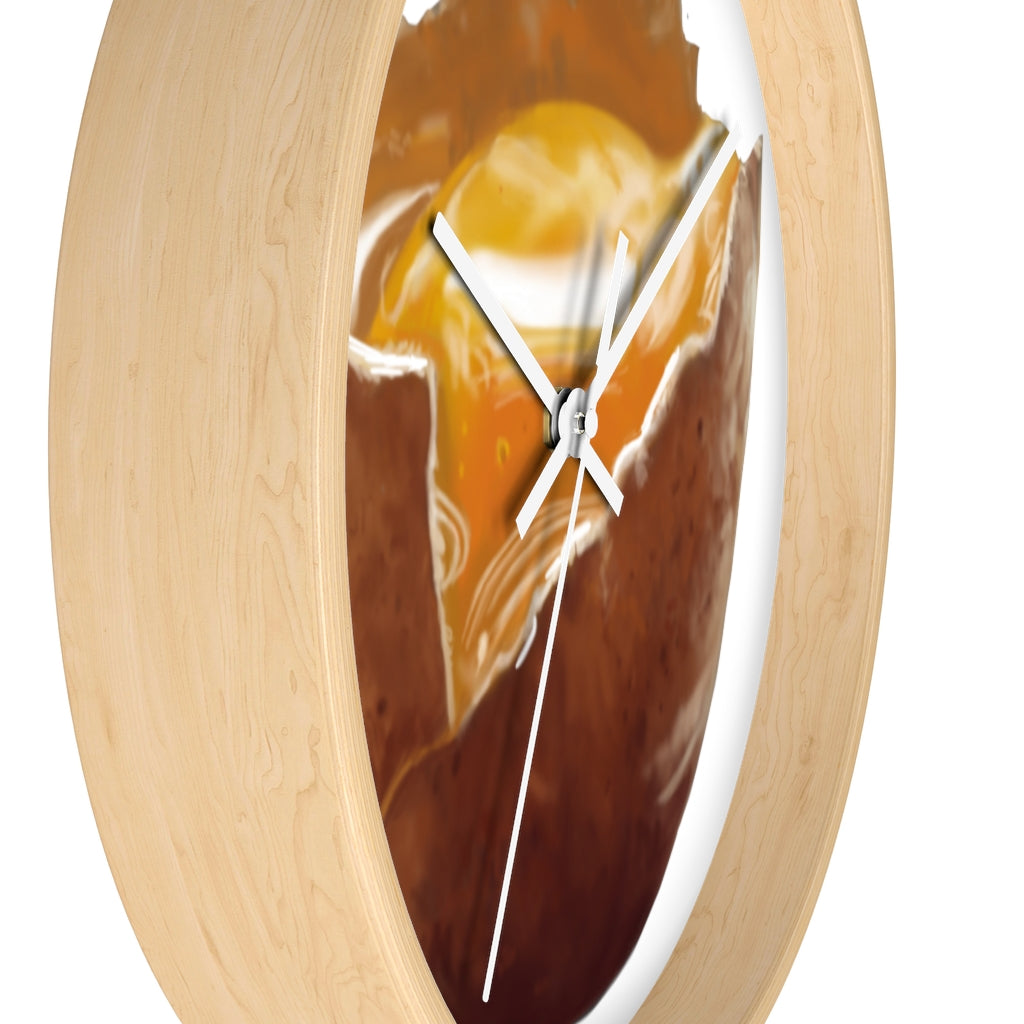 A stylish egg-shaped wall clock with a wooden frame and plexiglass face, perfect for indoor decor.