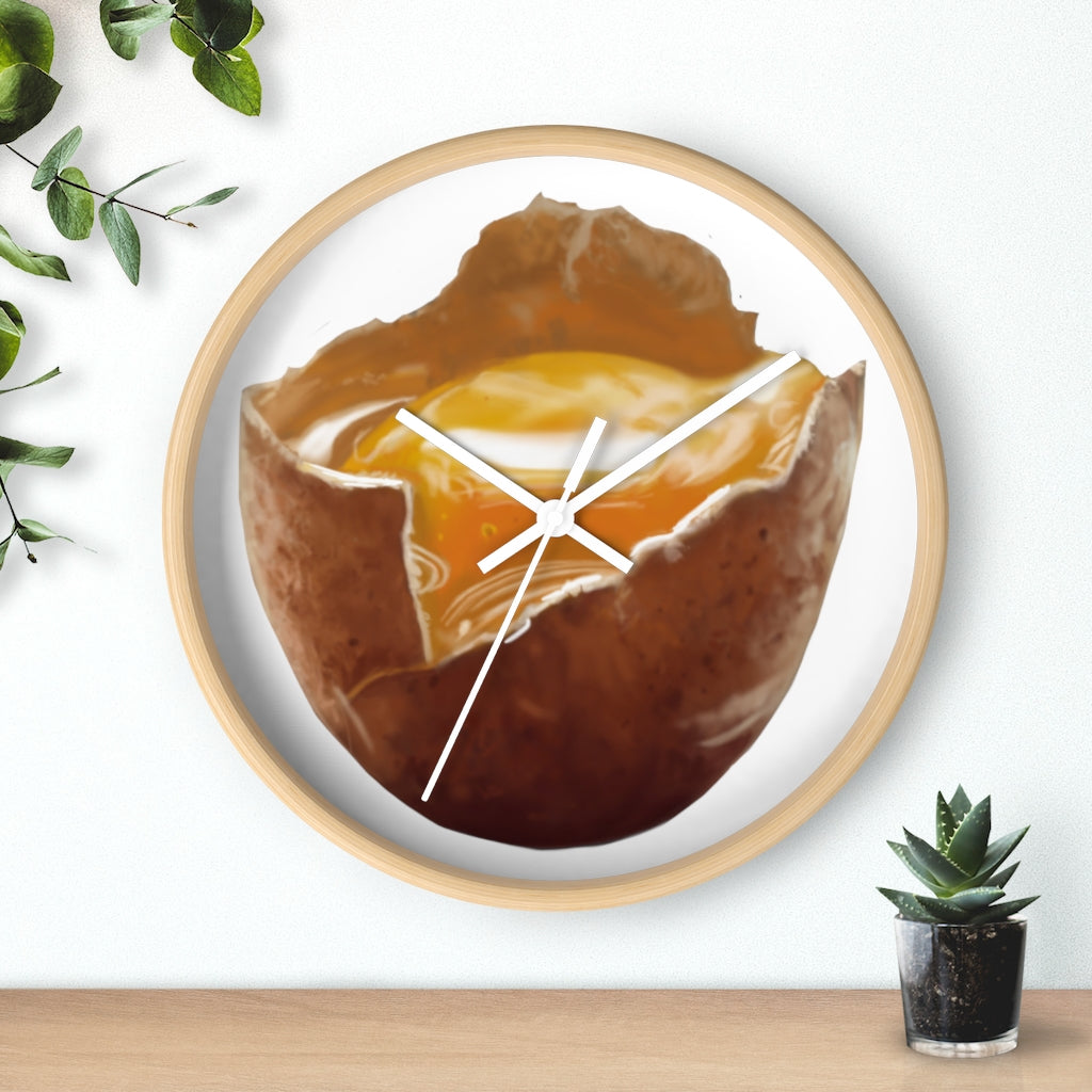 A stylish egg-shaped wall clock with a wooden frame and plexiglass face, perfect for indoor decor.