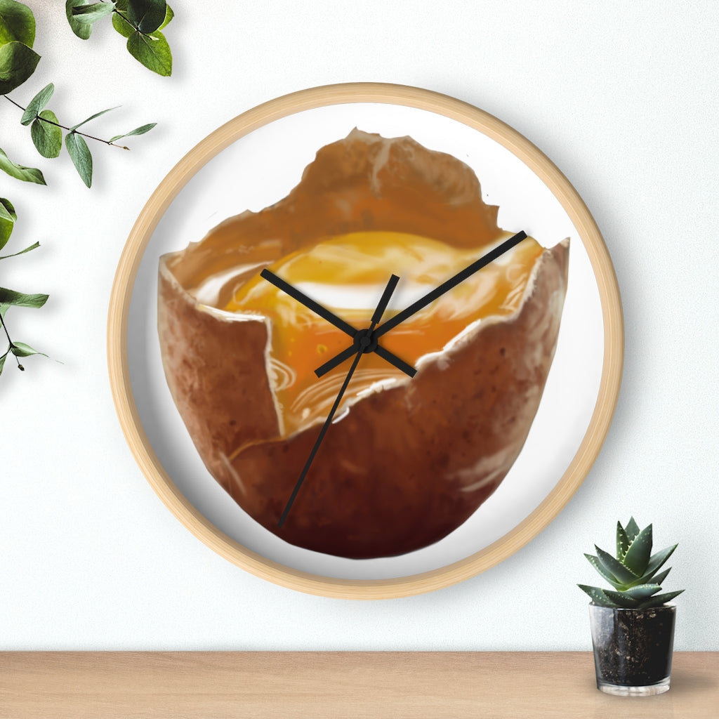 A stylish egg-shaped wall clock with a wooden frame and plexiglass face, perfect for indoor decor.