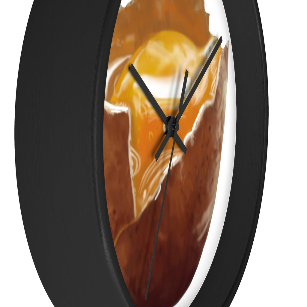 A stylish egg-shaped wall clock with a wooden frame and plexiglass face, perfect for indoor decor.