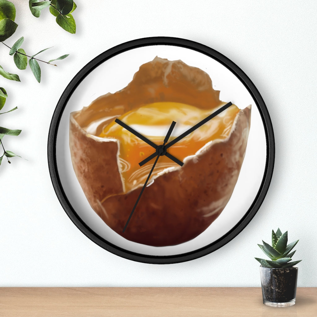 A stylish egg-shaped wall clock with a wooden frame and plexiglass face, perfect for indoor decor.