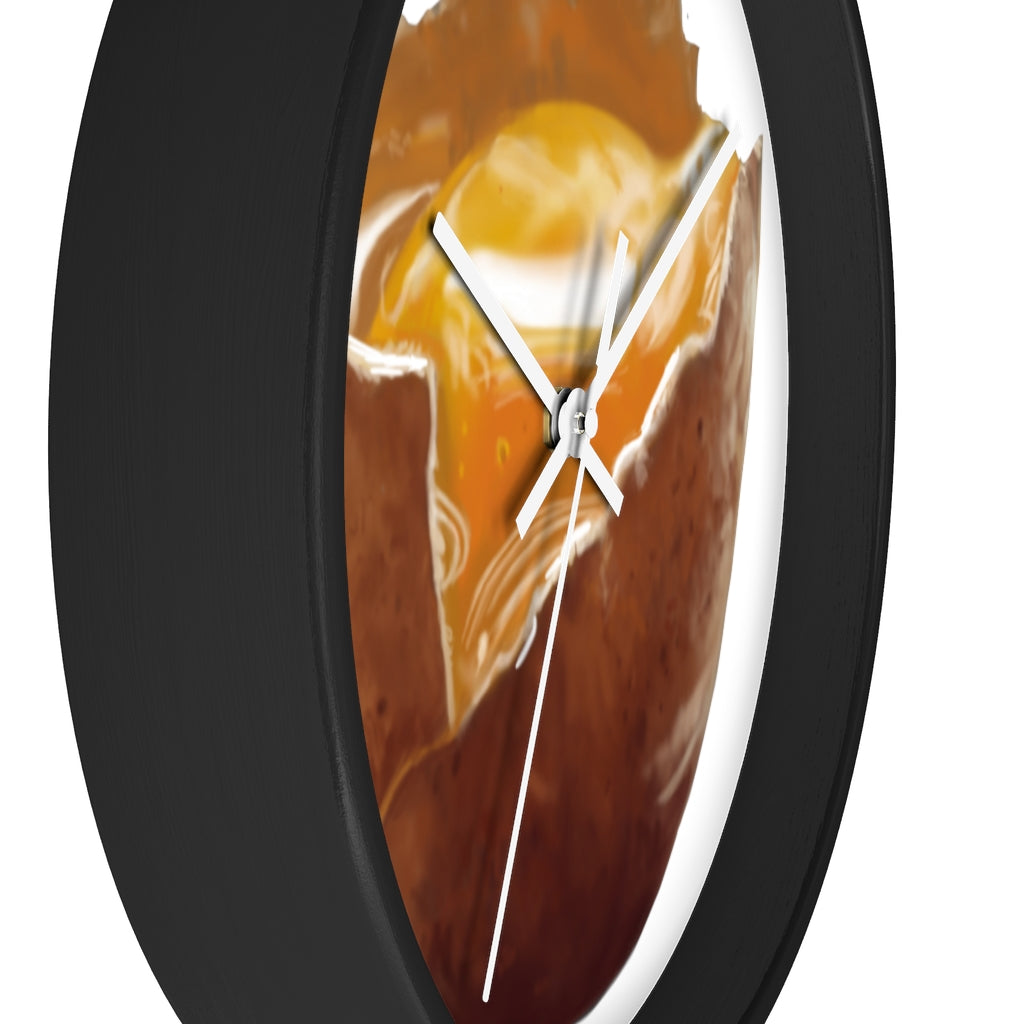 A stylish egg-shaped wall clock with a wooden frame and plexiglass face, perfect for indoor decor.