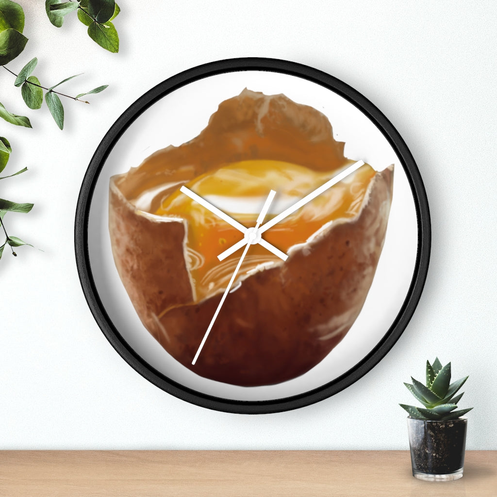 A stylish egg-shaped wall clock with a wooden frame and plexiglass face, perfect for indoor decor.