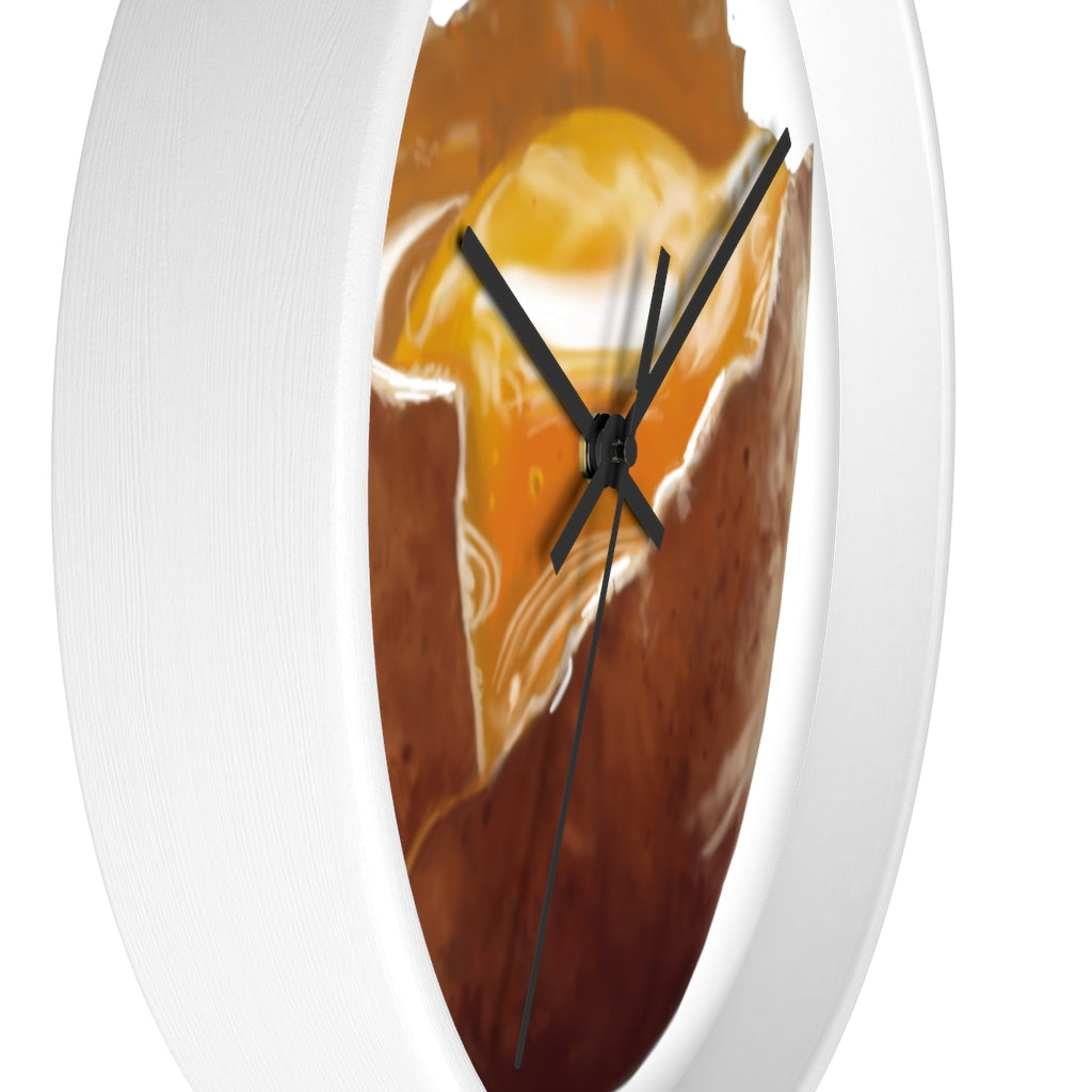 A stylish egg-shaped wall clock with a wooden frame and plexiglass face, perfect for indoor decor.