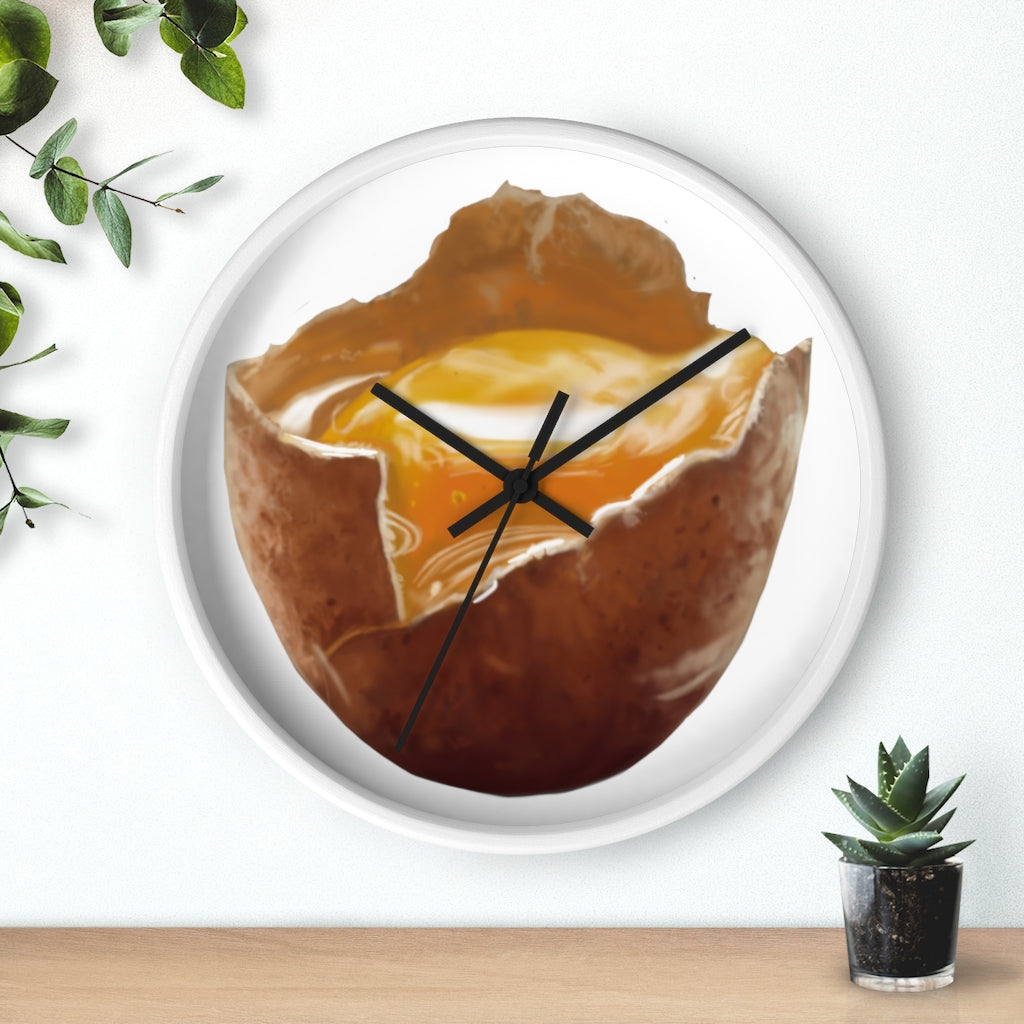 A stylish egg-shaped wall clock with a wooden frame and plexiglass face, perfect for indoor decor.