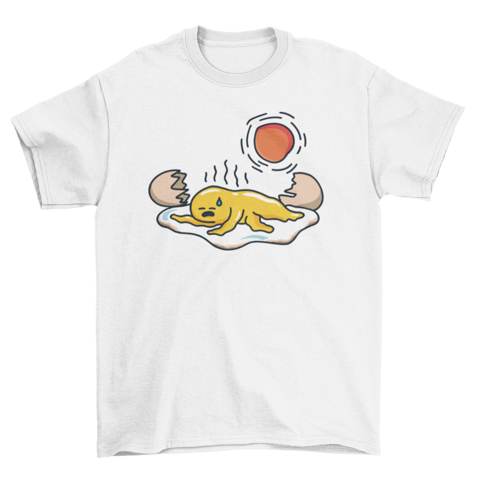 A stylish t-shirt featuring a cool illustration of a broken egg in heat, showcasing vibrant colors and a unique design.