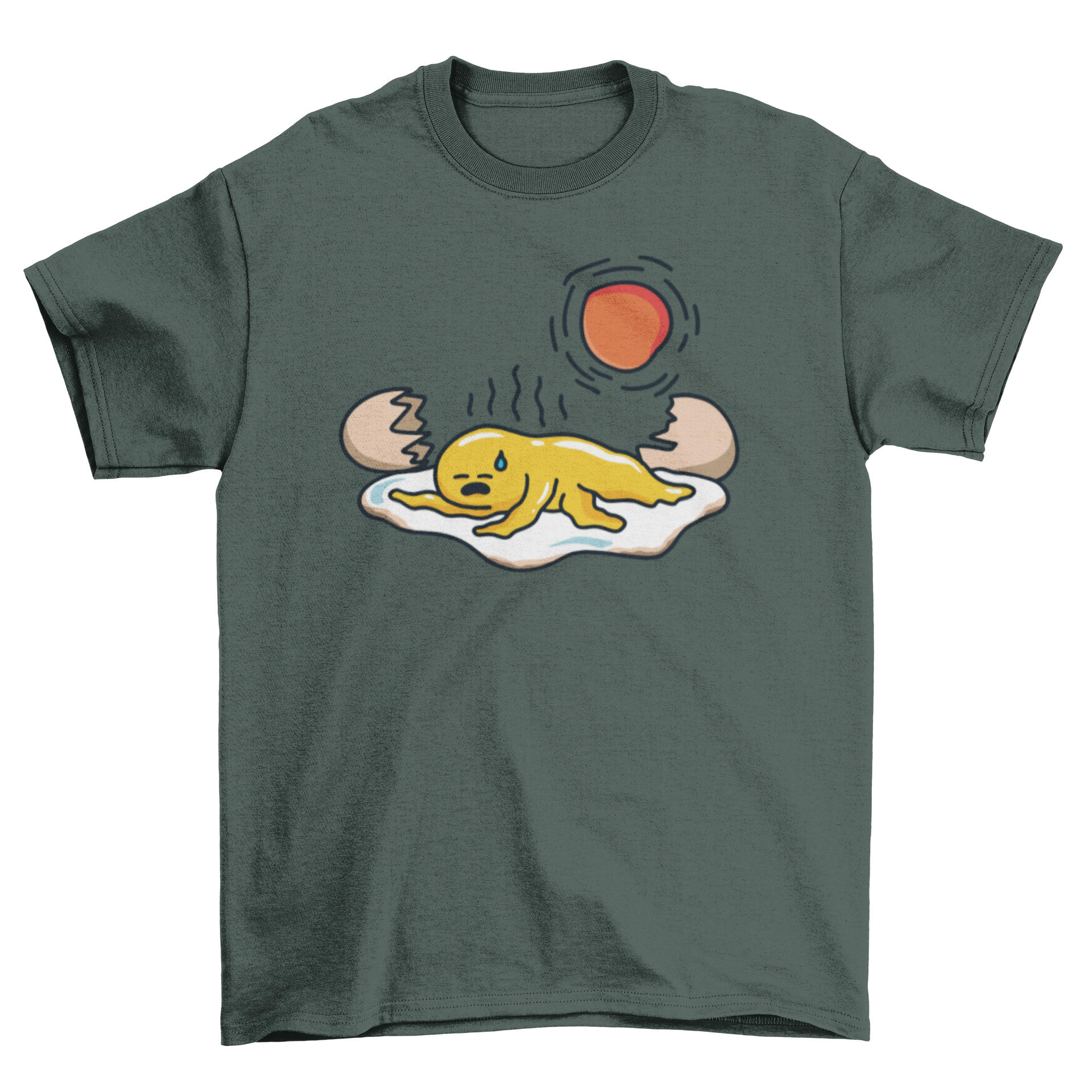 A stylish t-shirt featuring a cool illustration of a broken egg in heat, showcasing vibrant colors and a unique design.