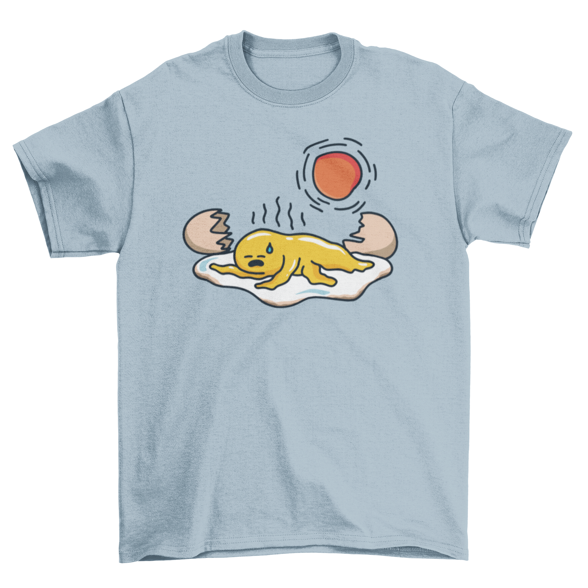 A stylish t-shirt featuring a cool illustration of a broken egg in heat, showcasing vibrant colors and a unique design.