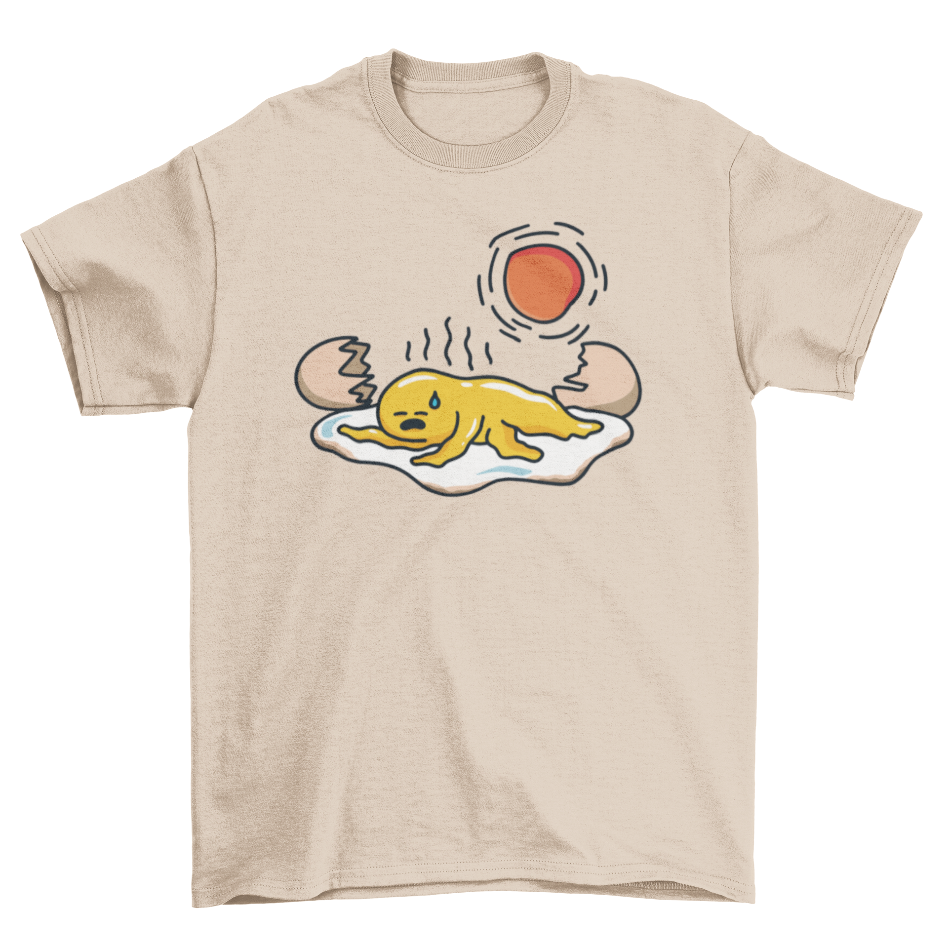 A stylish t-shirt featuring a cool illustration of a broken egg in heat, showcasing vibrant colors and a unique design.