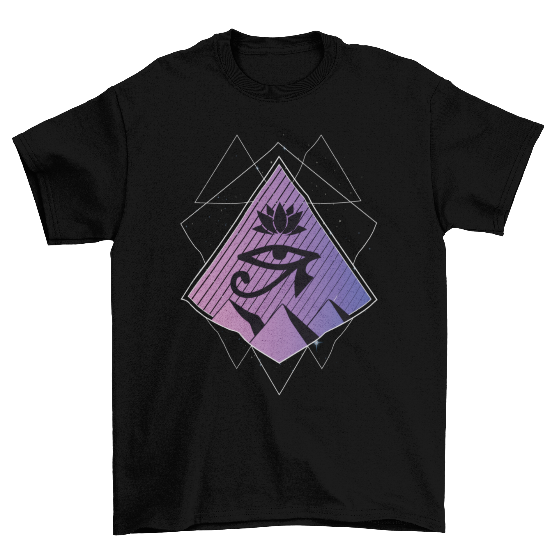 Egyptian geometric t-shirt featuring Eye of Horus, lotus flower, and pyramids in an abstract design.