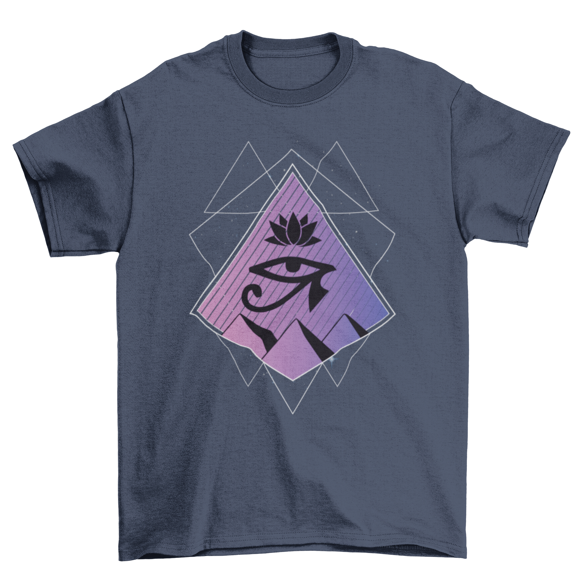 Egyptian geometric t-shirt featuring Eye of Horus, lotus flower, and pyramids in an abstract design.