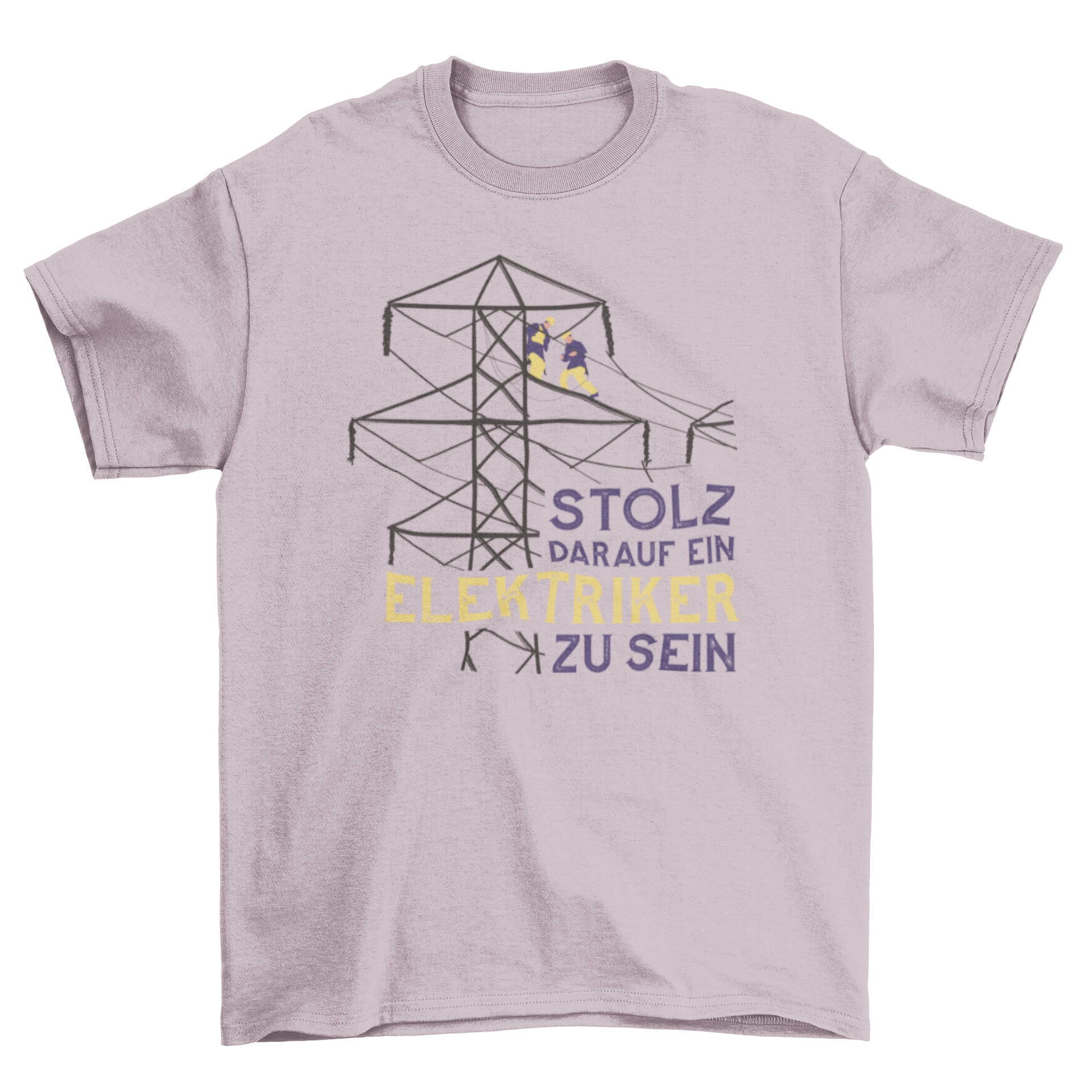 Electricians Working in Wires T-shirt featuring two electricians and a motivational German quote.