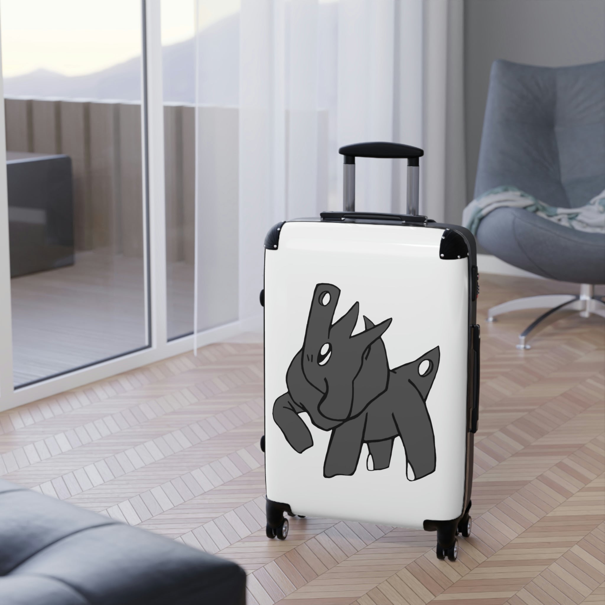 Electron Cabin Suitcase featuring a personalized design, lightweight polycarbonate front, and ABS back, with adjustable handle and 360° swivel wheels.