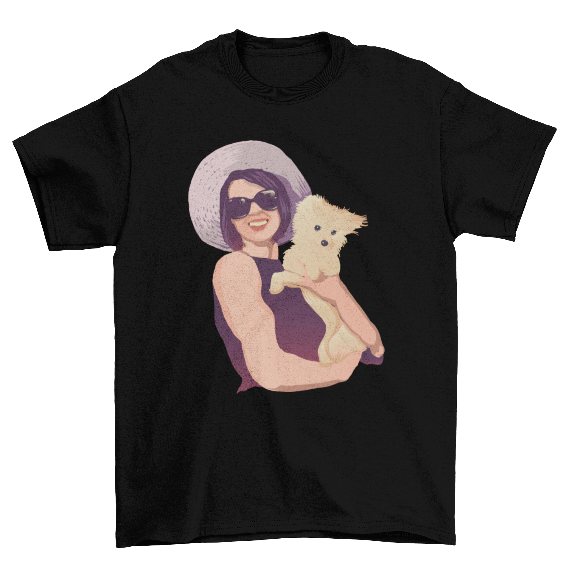 A stylish t-shirt featuring a fashionable woman holding a fluffy Spitz dog, perfect for dog lovers.