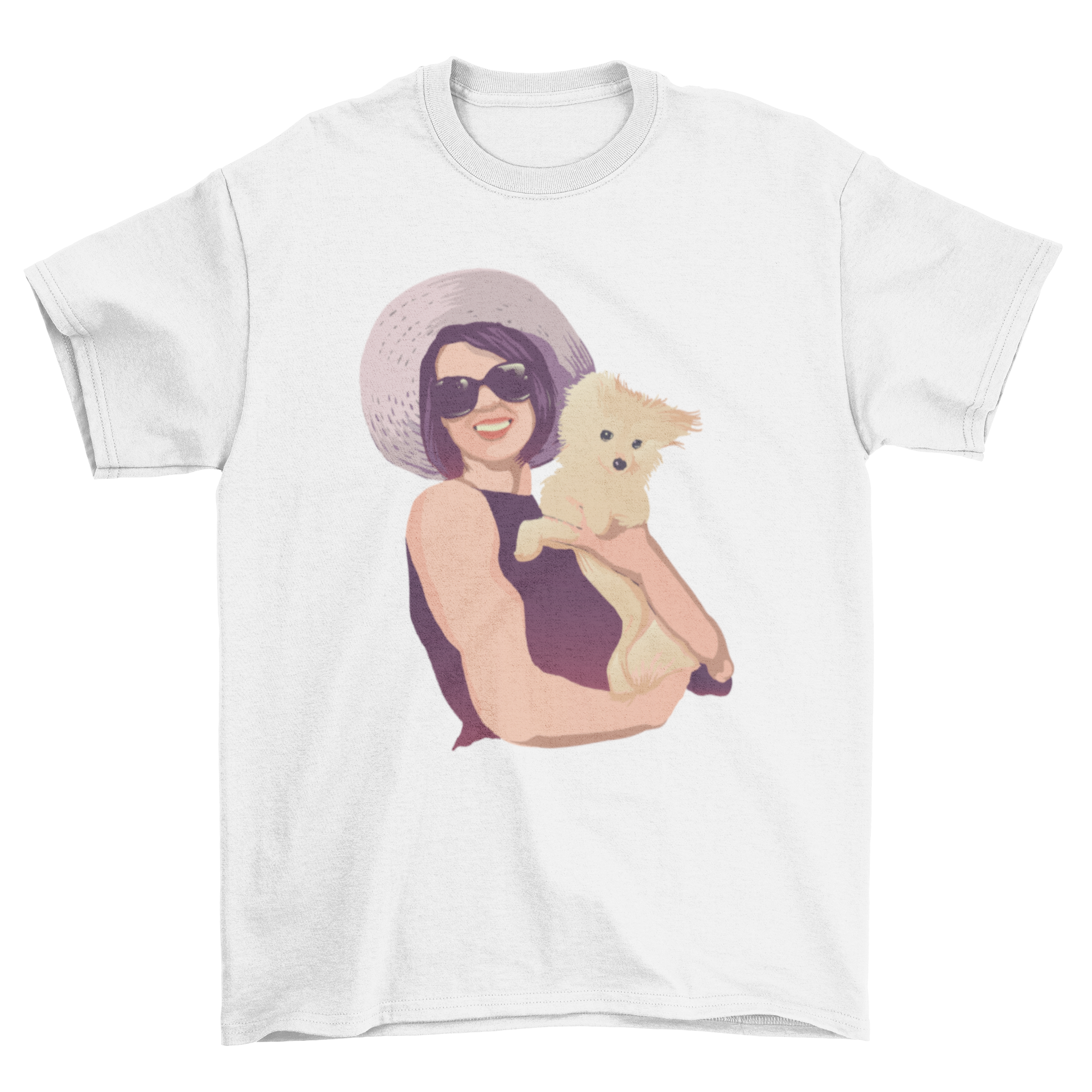 A stylish t-shirt featuring a fashionable woman holding a fluffy Spitz dog, perfect for dog lovers.