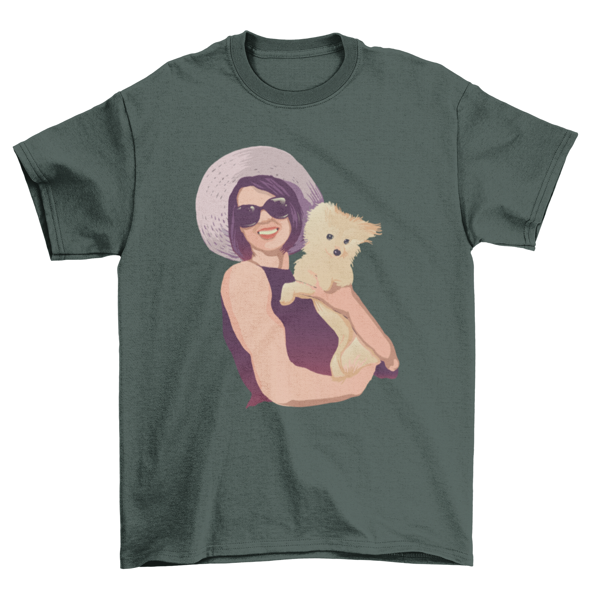 A stylish t-shirt featuring a fashionable woman holding a fluffy Spitz dog, perfect for dog lovers.