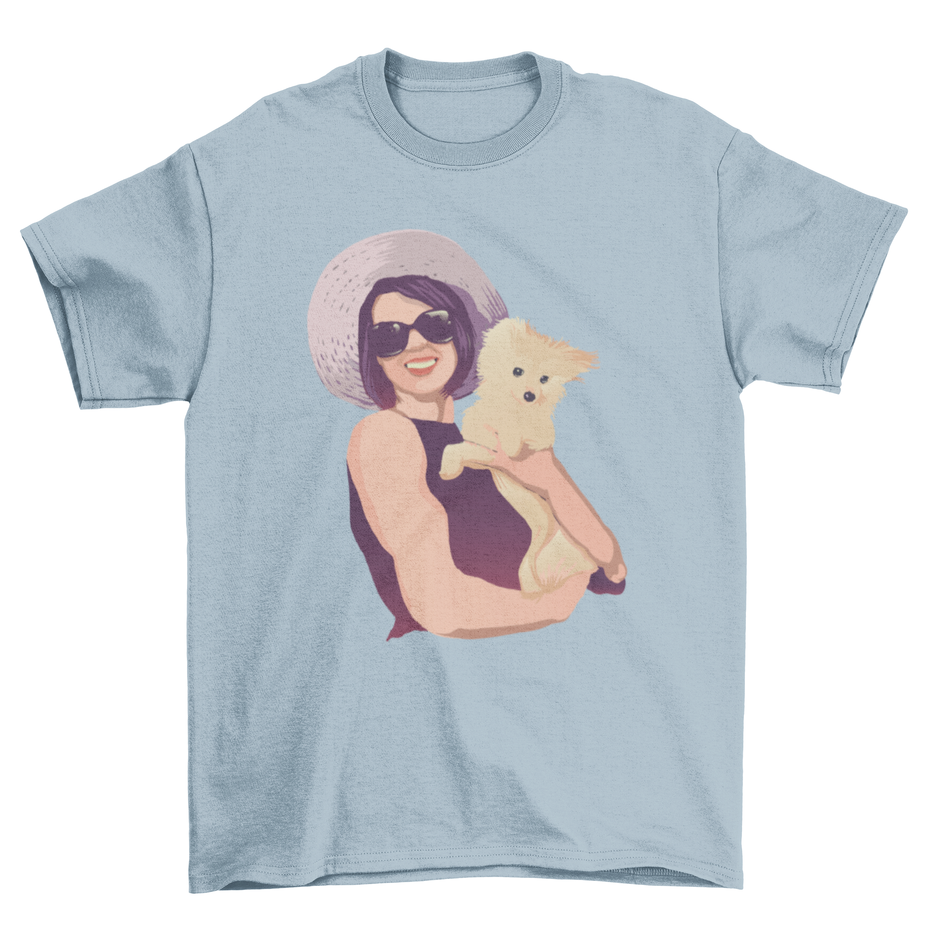 A stylish t-shirt featuring a fashionable woman holding a fluffy Spitz dog, perfect for dog lovers.