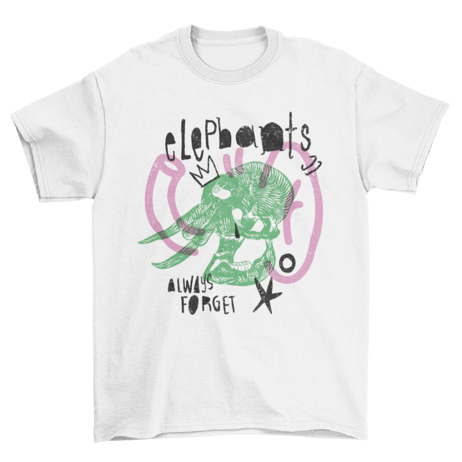 A stylish t-shirt featuring an artistic elephant skull design with the quote 'Elephants always forget'.