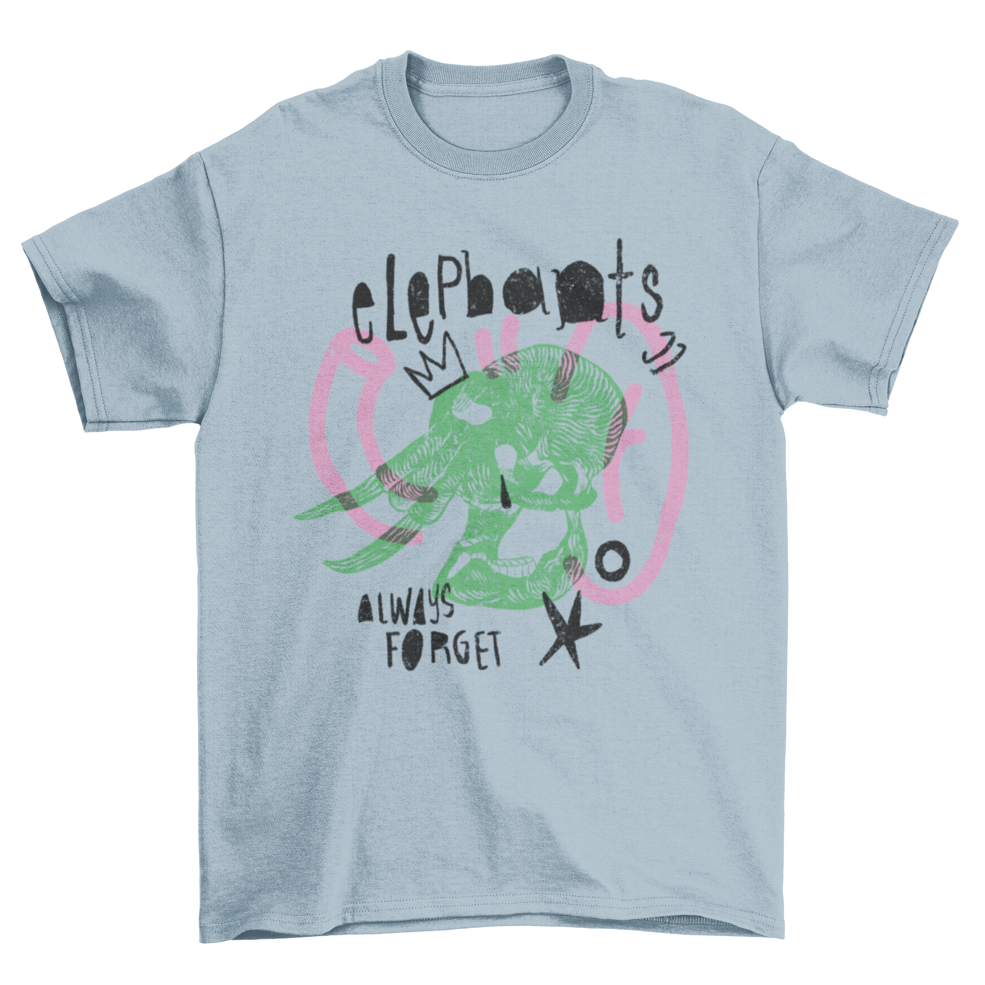 A stylish t-shirt featuring an artistic elephant skull design with the quote 'Elephants always forget'.