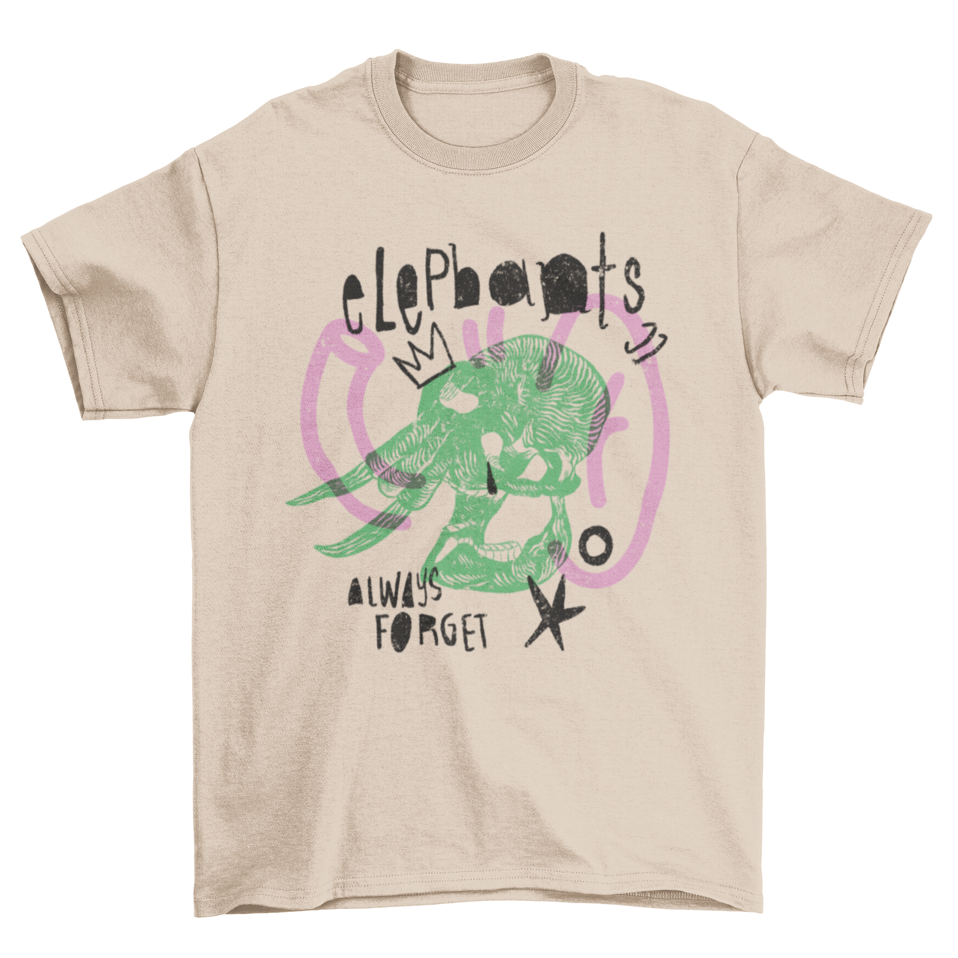 A stylish t-shirt featuring an artistic elephant skull design with the quote 'Elephants always forget'.