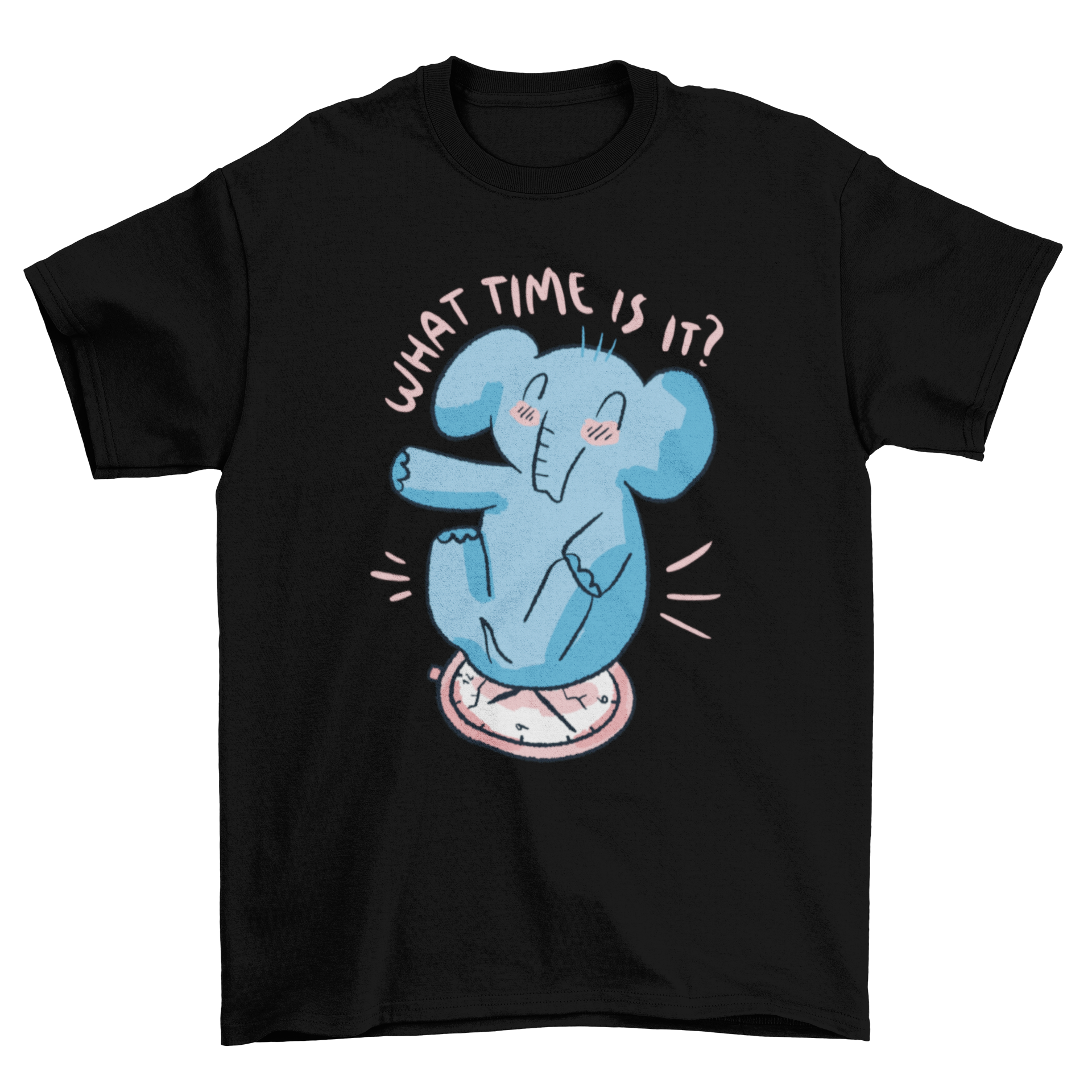 A playful t-shirt featuring a cute elephant sitting on a clock with the quote 'WHAT TIME IS IT?' printed below.