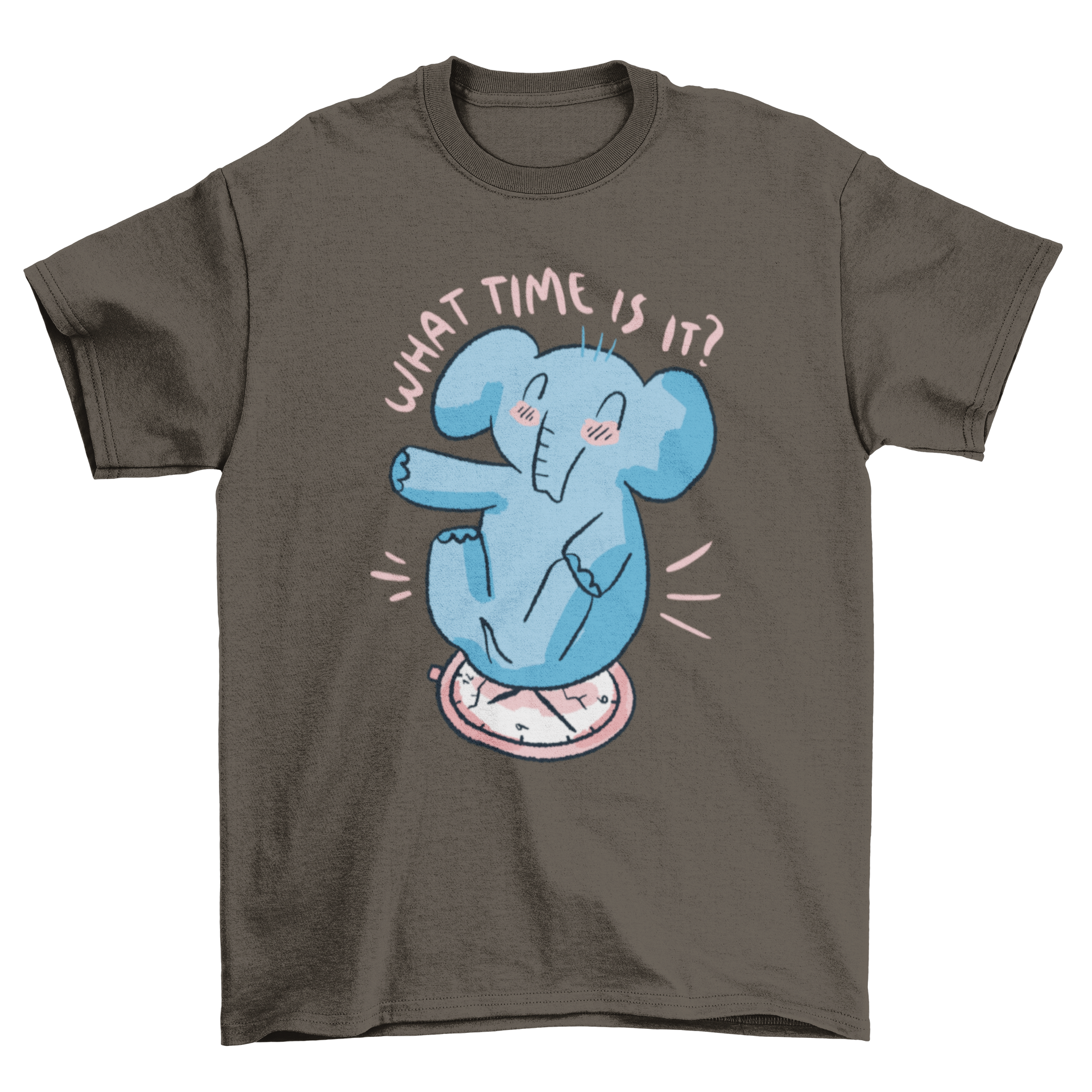 A playful t-shirt featuring a cute elephant sitting on a clock with the quote 'WHAT TIME IS IT?' printed below.